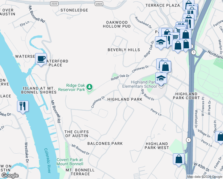 map of restaurants, bars, coffee shops, grocery stores, and more near 4616 Crestway Drive in Austin