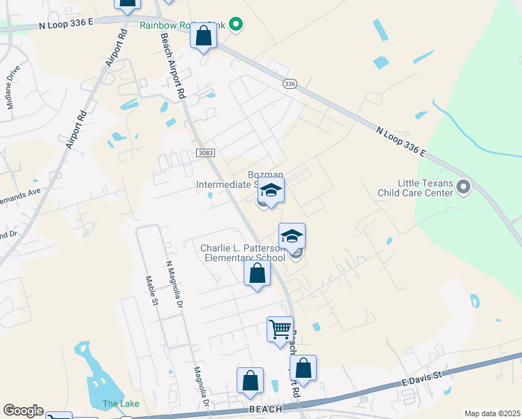 map of restaurants, bars, coffee shops, grocery stores, and more near 800 Beach Airport Road in Conroe