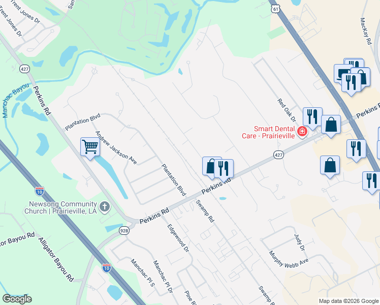 map of restaurants, bars, coffee shops, grocery stores, and more near 18473 Magnolia Estates in Prairieville