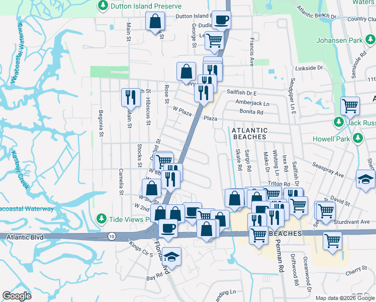 map of restaurants, bars, coffee shops, grocery stores, and more near 87 Forrestal Circle South in Atlantic Beach