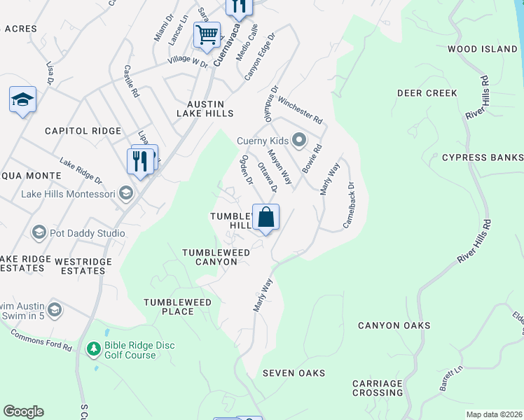 map of restaurants, bars, coffee shops, grocery stores, and more near 1000 Ogden Drive in Austin