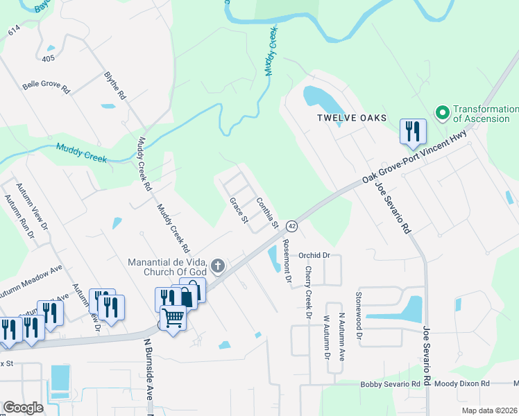 map of restaurants, bars, coffee shops, grocery stores, and more near 18037 Conthia Street in Prairieville