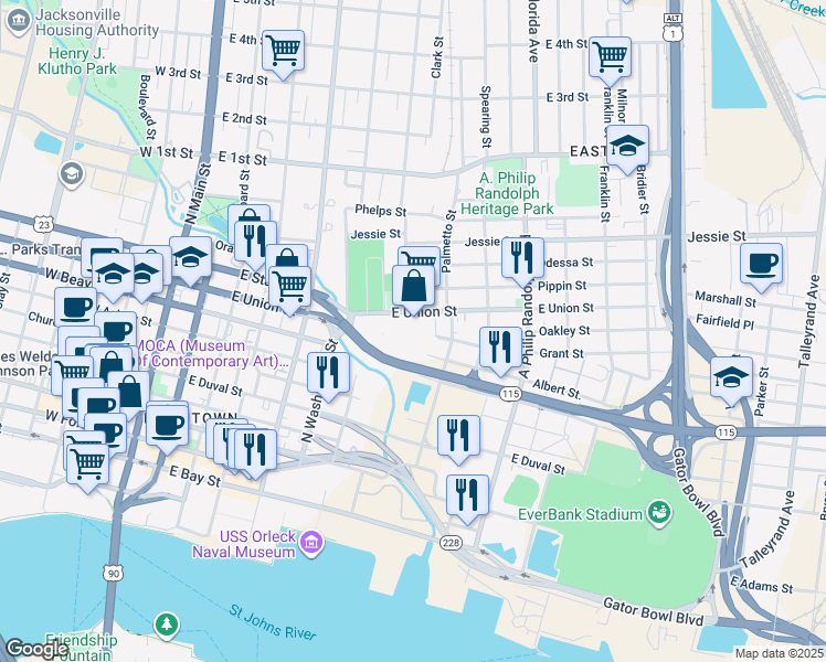 map of restaurants, bars, coffee shops, grocery stores, and more near 701 Albert St in Jacksonville