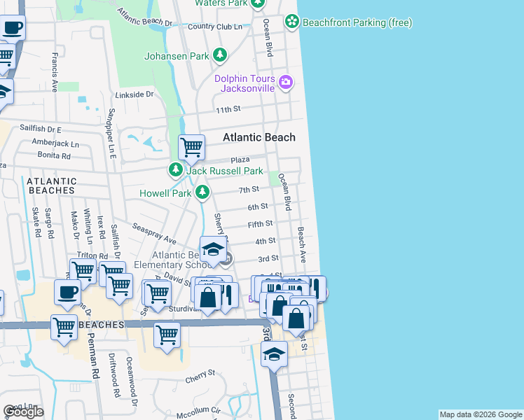 map of restaurants, bars, coffee shops, grocery stores, and more near 333 Fifth Street in Atlantic Beach
