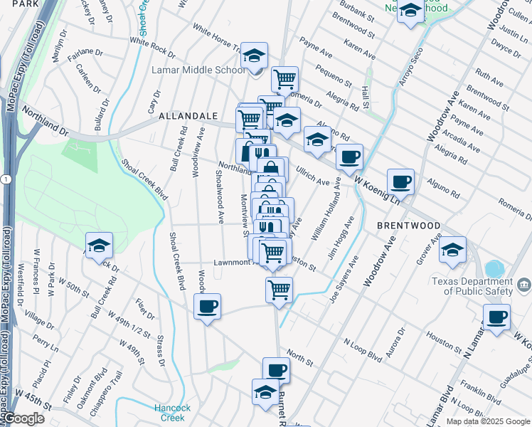 map of restaurants, bars, coffee shops, grocery stores, and more near 5441 1/2 Burnet Road in Austin