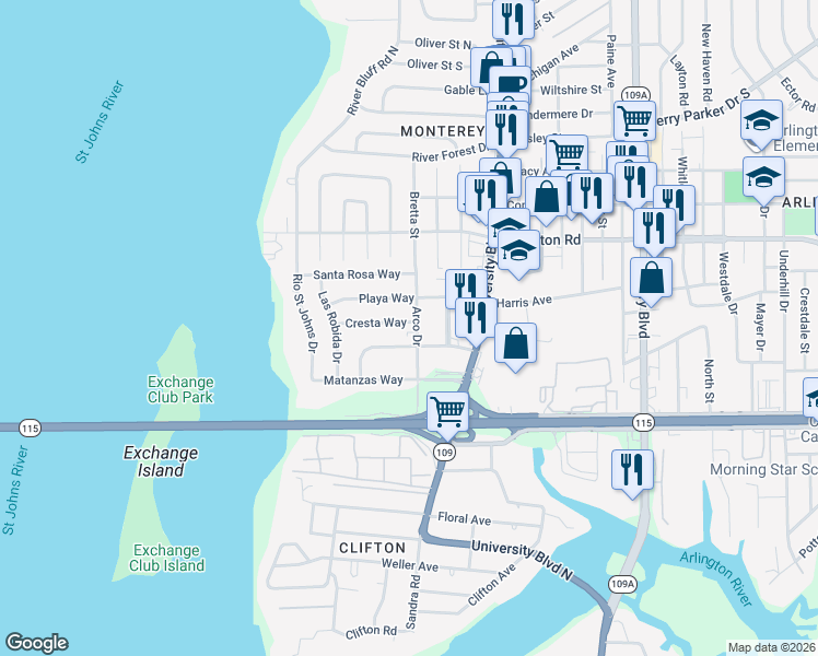 map of restaurants, bars, coffee shops, grocery stores, and more near 5452 Cresta Way in Jacksonville
