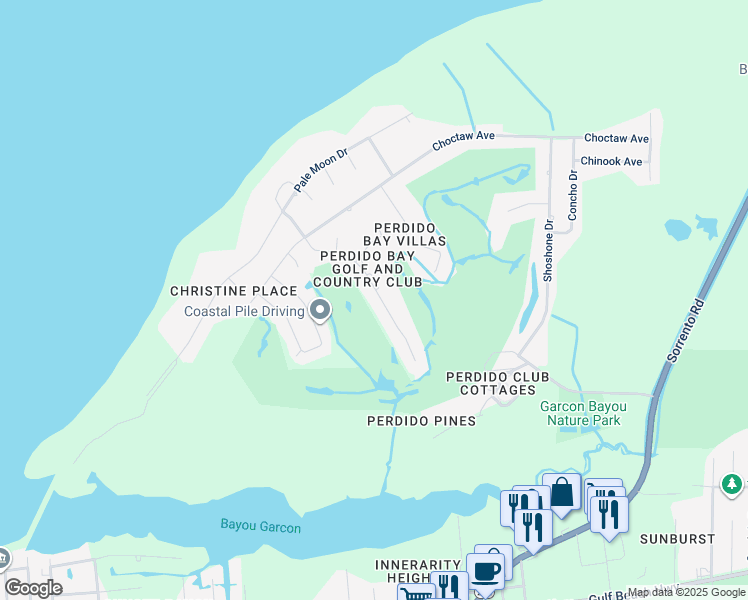 map of restaurants, bars, coffee shops, grocery stores, and more near 5525 Navaho Drive in Pensacola