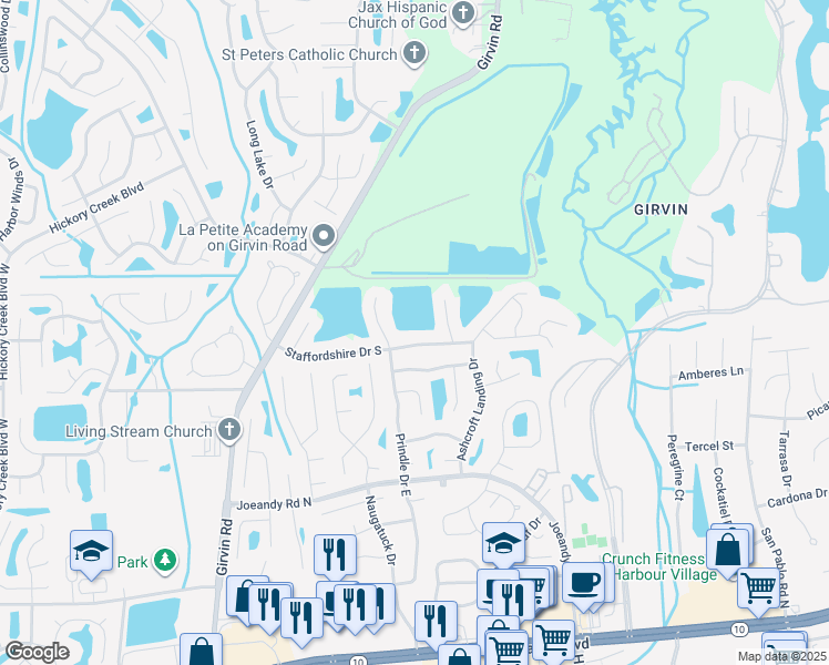 map of restaurants, bars, coffee shops, grocery stores, and more near 13122 Staffordshire Drive South in Jacksonville