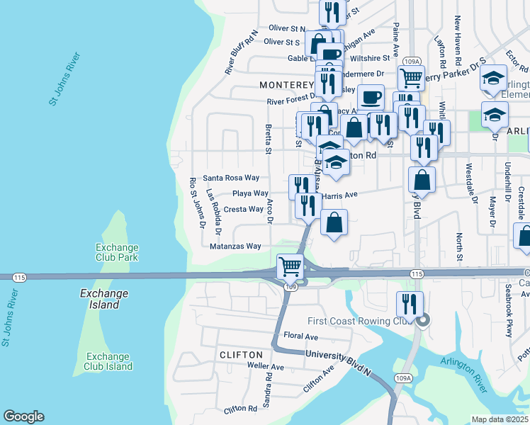 map of restaurants, bars, coffee shops, grocery stores, and more near 5456 Los Santos Way in Jacksonville