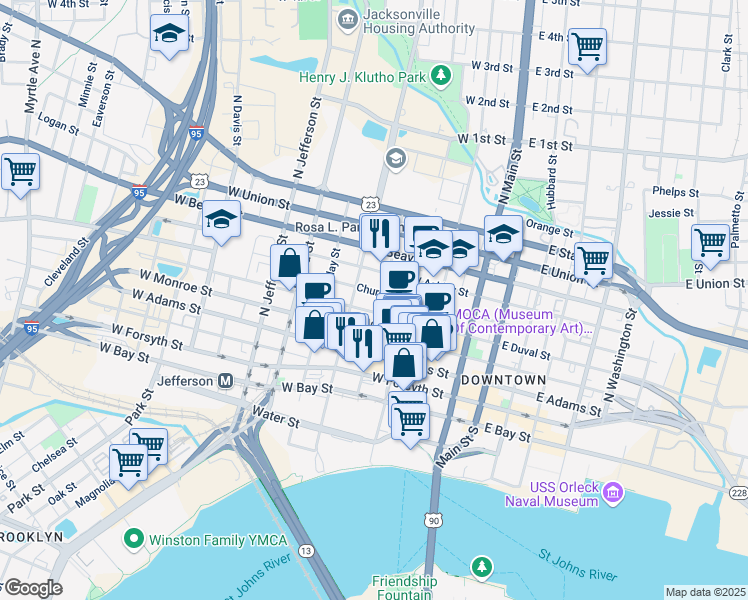 map of restaurants, bars, coffee shops, grocery stores, and more near 311 West Monroe Street in Jacksonville