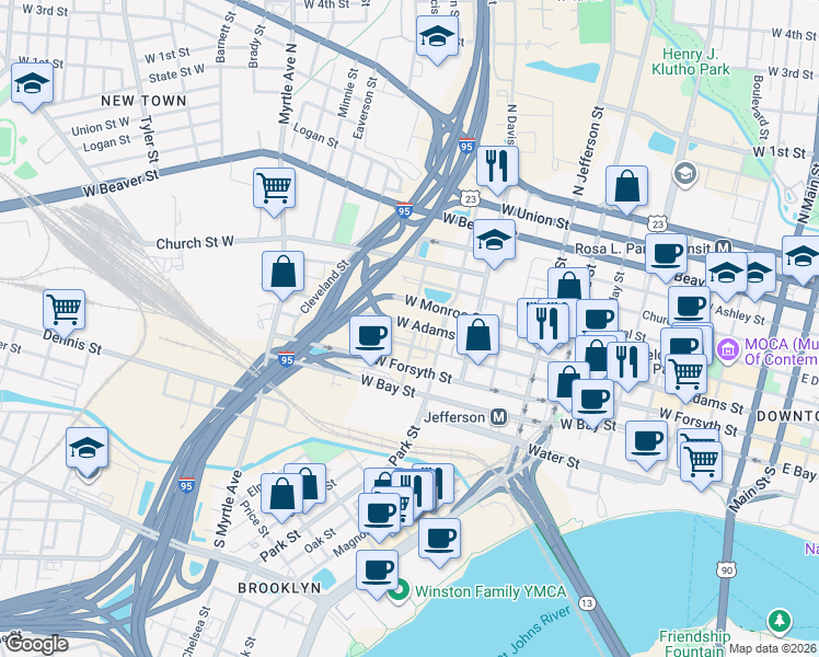 map of restaurants, bars, coffee shops, grocery stores, and more near in Jacksonville
