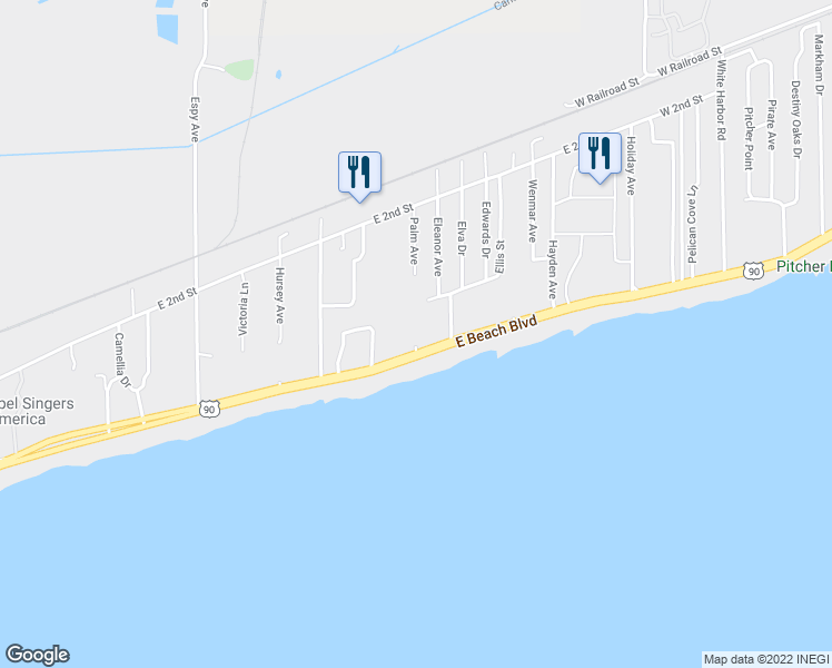 map of restaurants, bars, coffee shops, grocery stores, and more near 1453 East Beach Boulevard in Pass Christian