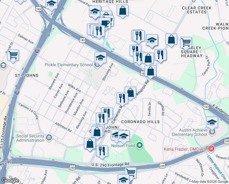 map of restaurants, bars, coffee shops, grocery stores, and more near 1304 Mckie Cove in Austin