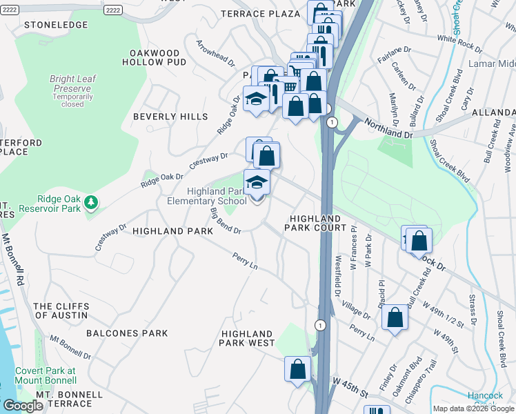 map of restaurants, bars, coffee shops, grocery stores, and more near 3206 Highland Terrace West in Austin