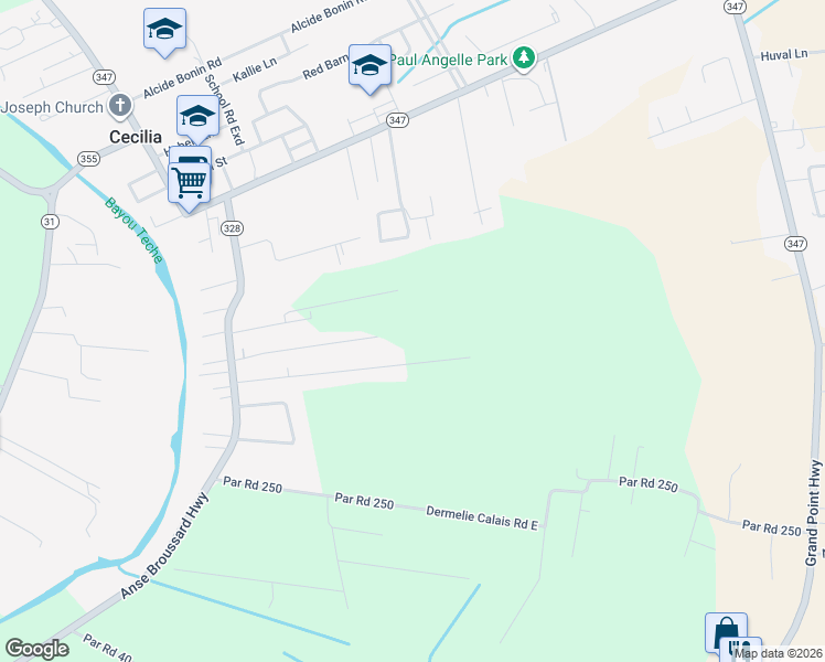 map of restaurants, bars, coffee shops, grocery stores, and more near 1081 Dalfrey Road in Breaux Bridge