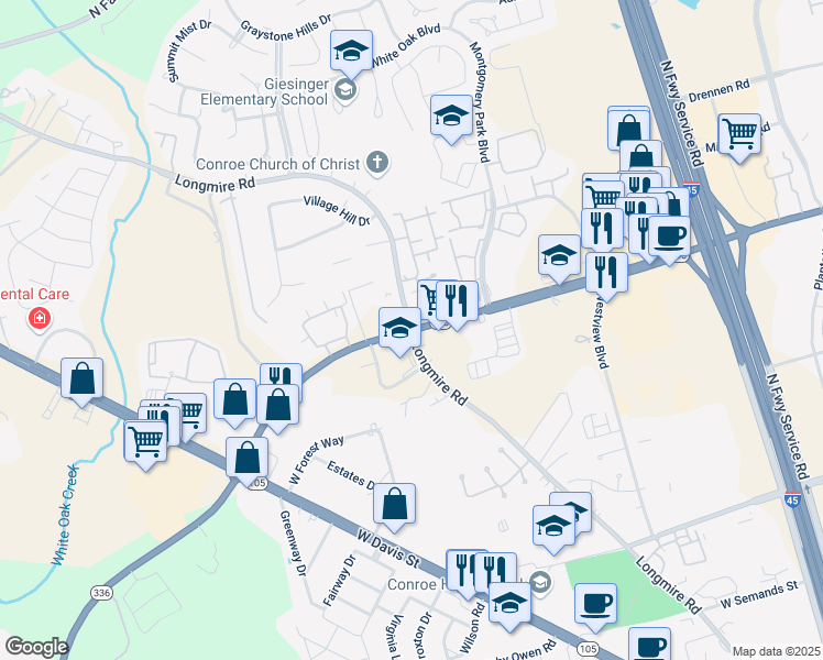 map of restaurants, bars, coffee shops, grocery stores, and more near North Loop 336 West & Longmire Road in Conroe