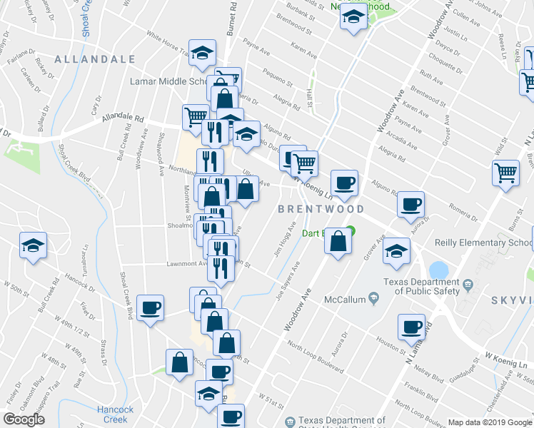 map of restaurants, bars, coffee shops, grocery stores, and more near 5614 1/2 Jeff Davis Avenue in Austin