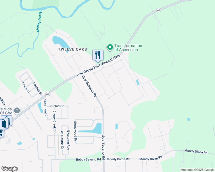 map of restaurants, bars, coffee shops, grocery stores, and more near 17555 Feather Ridge Drive in Prairieville