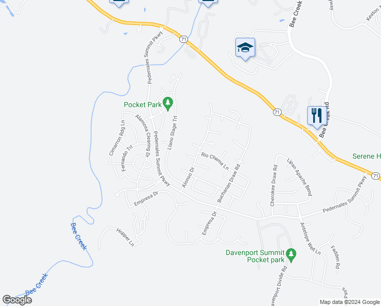 map of restaurants, bars, coffee shops, grocery stores, and more near 18708 Waltz Court in Austin