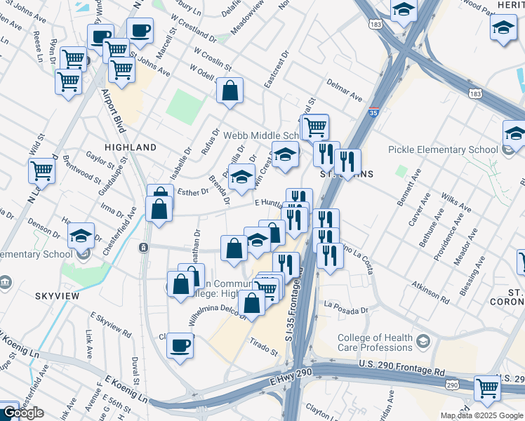 map of restaurants, bars, coffee shops, grocery stores, and more near Unnamed Road in Austin