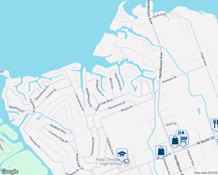 map of restaurants, bars, coffee shops, grocery stores, and more near 109 Ironwood Cove in Pass Christian