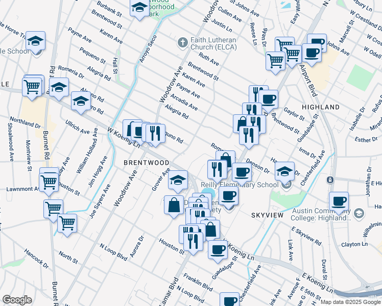 map of restaurants, bars, coffee shops, grocery stores, and more near 5908 Aurora Drive in Austin