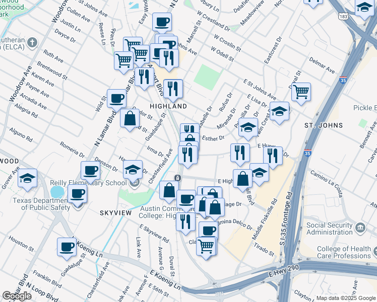 map of restaurants, bars, coffee shops, grocery stores, and more near 199 Huntland Drive West in Austin