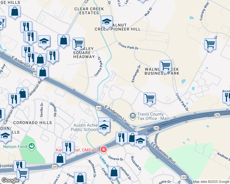 map of restaurants, bars, coffee shops, grocery stores, and more near 2250 Ridgepoint Drive in Austin
