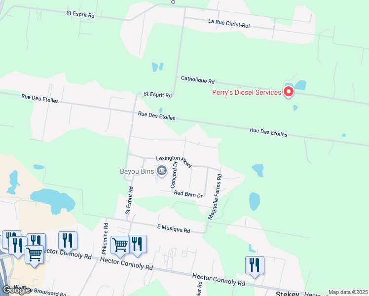 map of restaurants, bars, coffee shops, grocery stores, and more near Delaware Court in Carencro