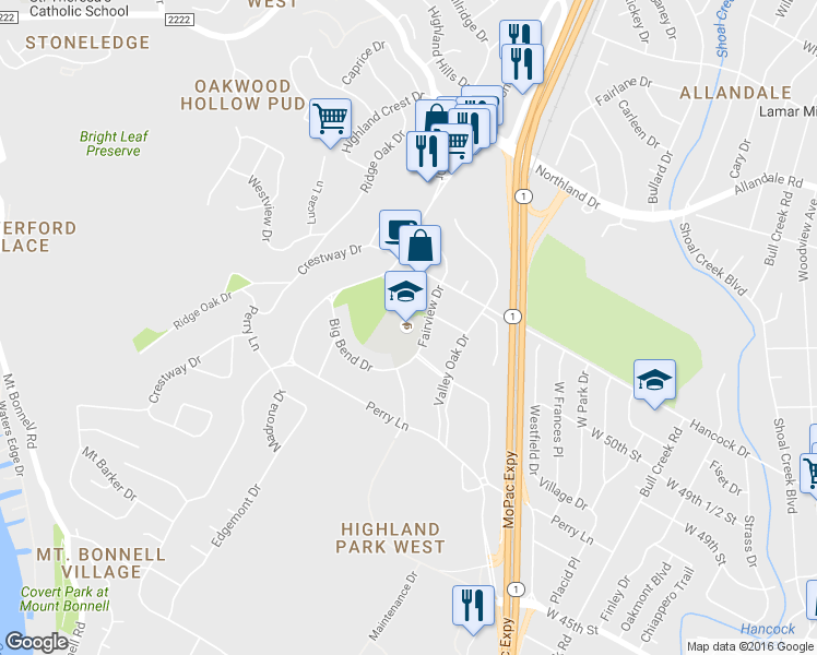 map of restaurants, bars, coffee shops, grocery stores, and more near 3206 Highland Terrace West in Austin