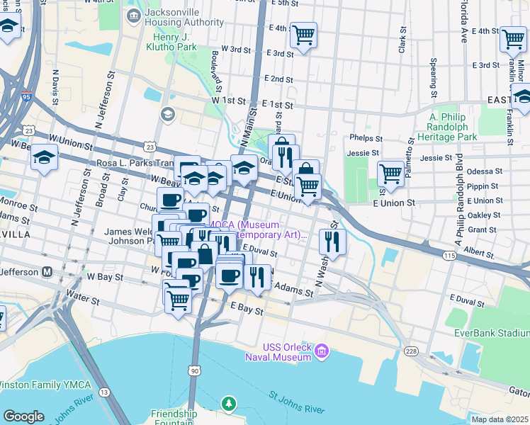 map of restaurants, bars, coffee shops, grocery stores, and more near 525 North Newnan Street in Jacksonville