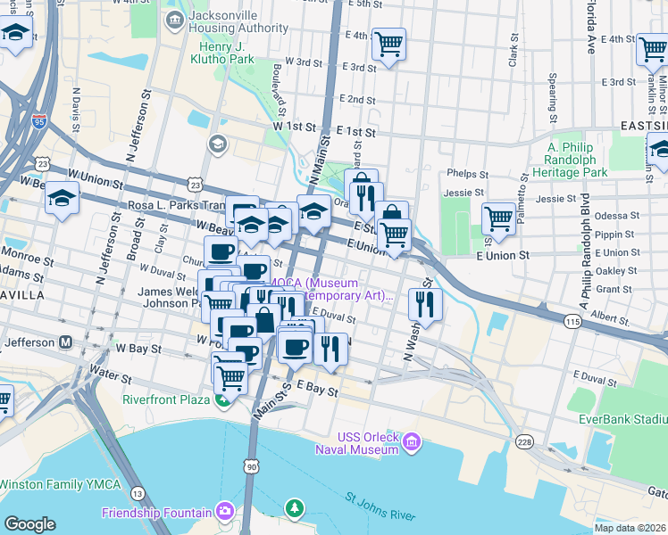 map of restaurants, bars, coffee shops, grocery stores, and more near 525 North Newnan Street in Jacksonville