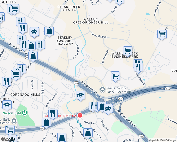 map of restaurants, bars, coffee shops, grocery stores, and more near 2210 Ridgepoint Drive in Austin