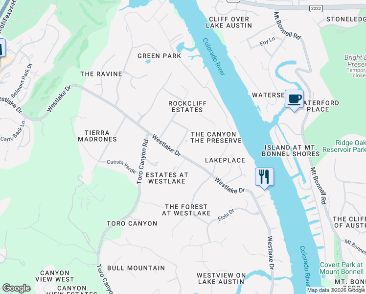 map of restaurants, bars, coffee shops, grocery stores, and more near 3999 Westlake Drive in Austin