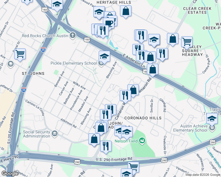map of restaurants, bars, coffee shops, grocery stores, and more near 1304 Mckie Cove in Austin