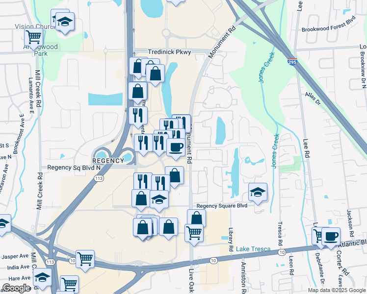 map of restaurants, bars, coffee shops, grocery stores, and more near 9855 North Regency Square Boulevard in Jacksonville