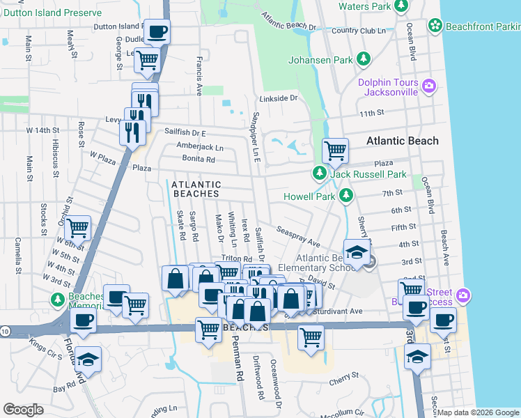 map of restaurants, bars, coffee shops, grocery stores, and more near 530 Sailfish Drive East in Atlantic Beach