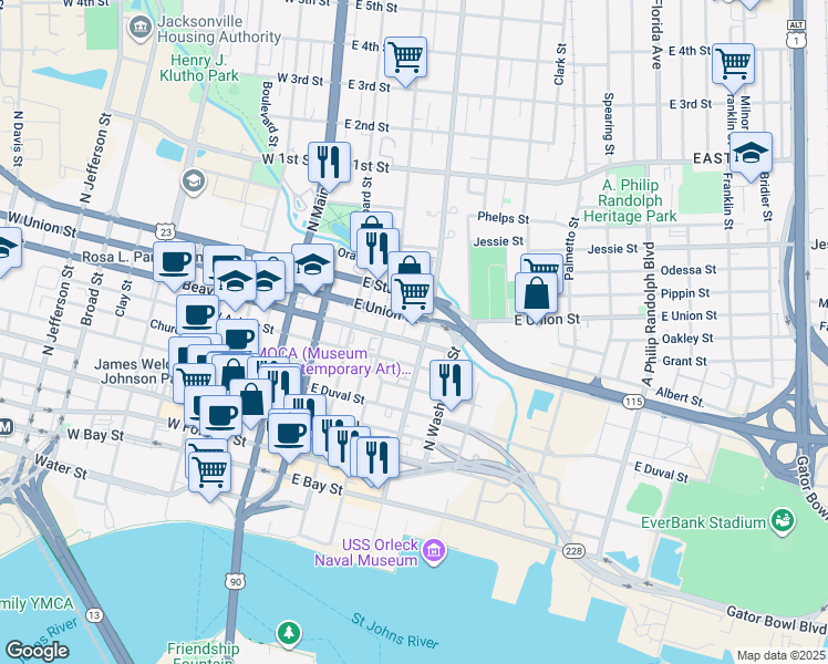 map of restaurants, bars, coffee shops, grocery stores, and more near 806 North Liberty Street in Jacksonville