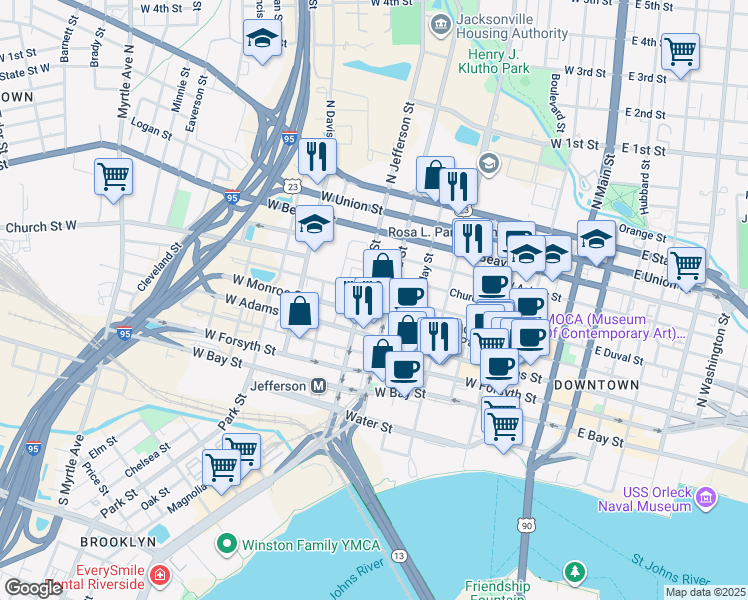 map of restaurants, bars, coffee shops, grocery stores, and more near 420 Broad Street in Jacksonville