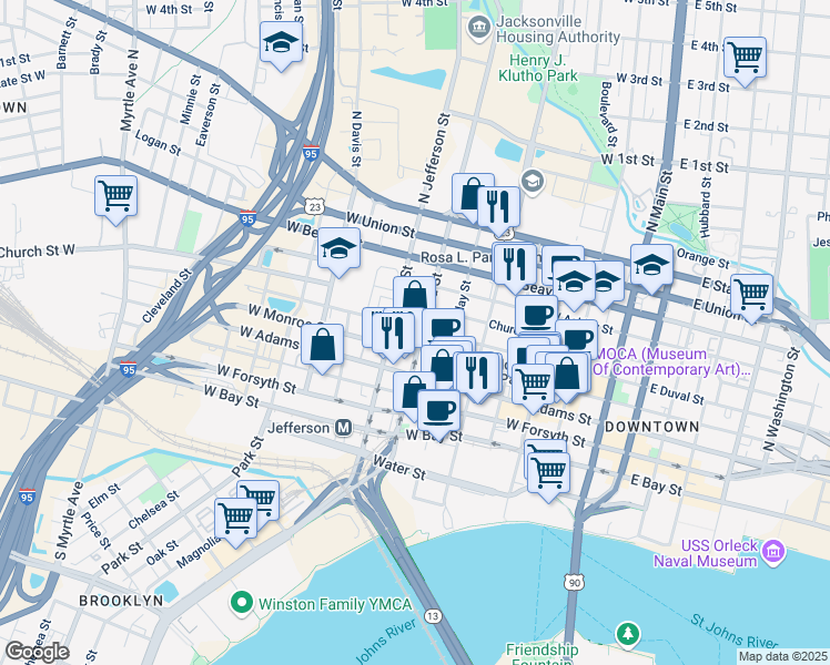 map of restaurants, bars, coffee shops, grocery stores, and more near 420 Broad Street in Jacksonville