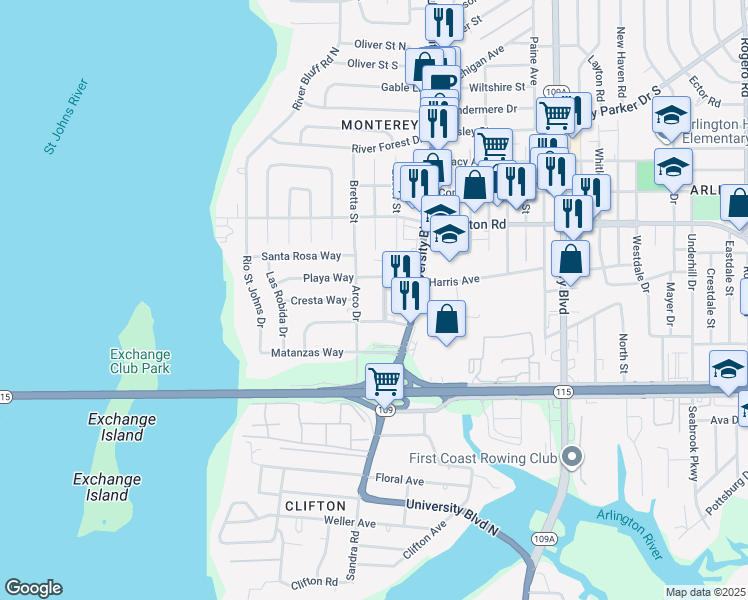 map of restaurants, bars, coffee shops, grocery stores, and more near 1038 Caliente Drive in Jacksonville