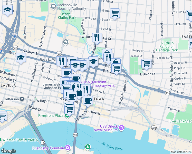 map of restaurants, bars, coffee shops, grocery stores, and more near 601 North Ocean Street in Jacksonville