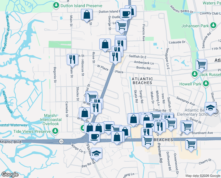 map of restaurants, bars, coffee shops, grocery stores, and more near 11 Forrestal Circle North in Atlantic Beach