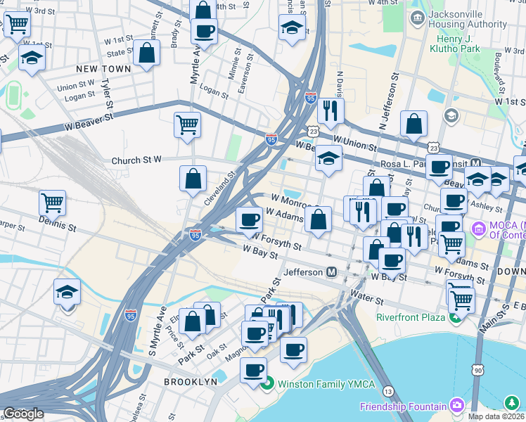 map of restaurants, bars, coffee shops, grocery stores, and more near West Monroe Street in Jacksonville