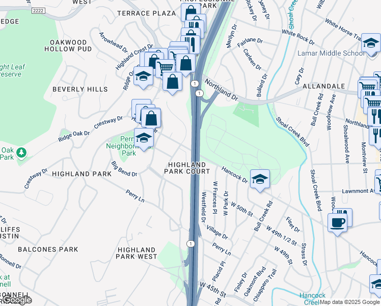 map of restaurants, bars, coffee shops, grocery stores, and more near 3112 Hancock Drive in Austin