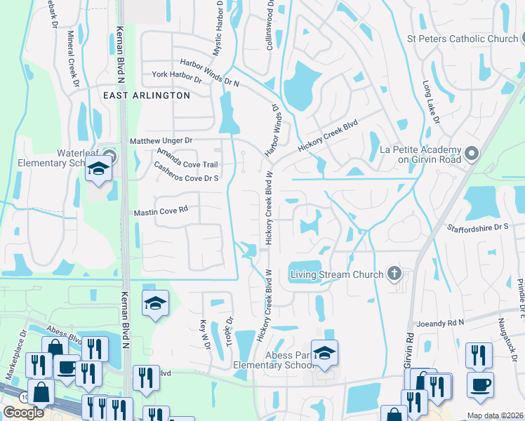 map of restaurants, bars, coffee shops, grocery stores, and more near 12453 Ravenwing Court in Jacksonville