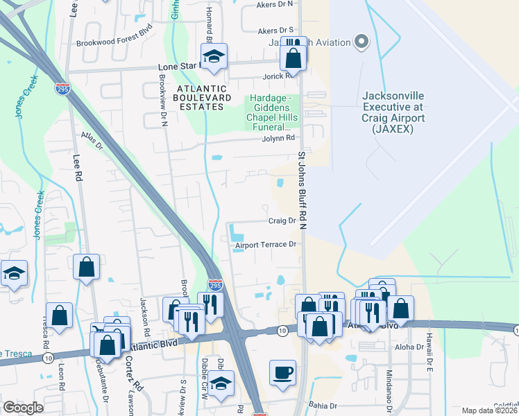 map of restaurants, bars, coffee shops, grocery stores, and more near 542 Jaron Court in Jacksonville