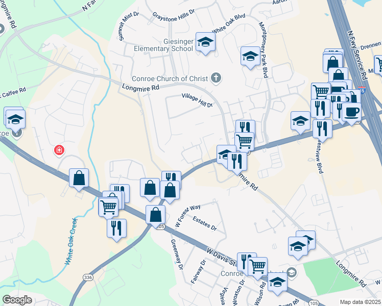 map of restaurants, bars, coffee shops, grocery stores, and more near 56 Country Hill Lane in Conroe