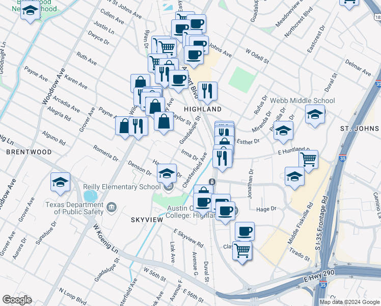 map of restaurants, bars, coffee shops, grocery stores, and more near 309 Brentwood Street in Austin