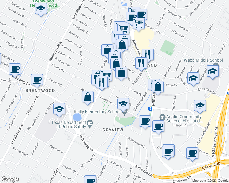 map of restaurants, bars, coffee shops, grocery stores, and more near 615 Irma Drive in Austin